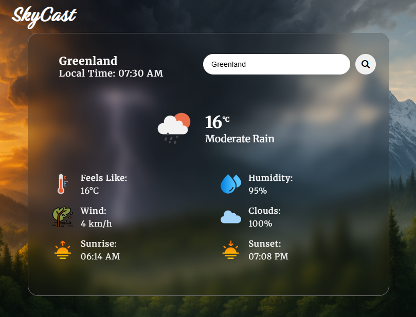 screenshot of SkyCast real time weather app